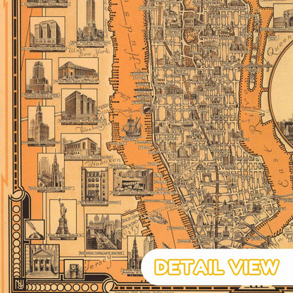 Detail of Manhattan harbor with skyscrapers and avenues from chase premium wooden jigsaw puzzle colored pictorial map