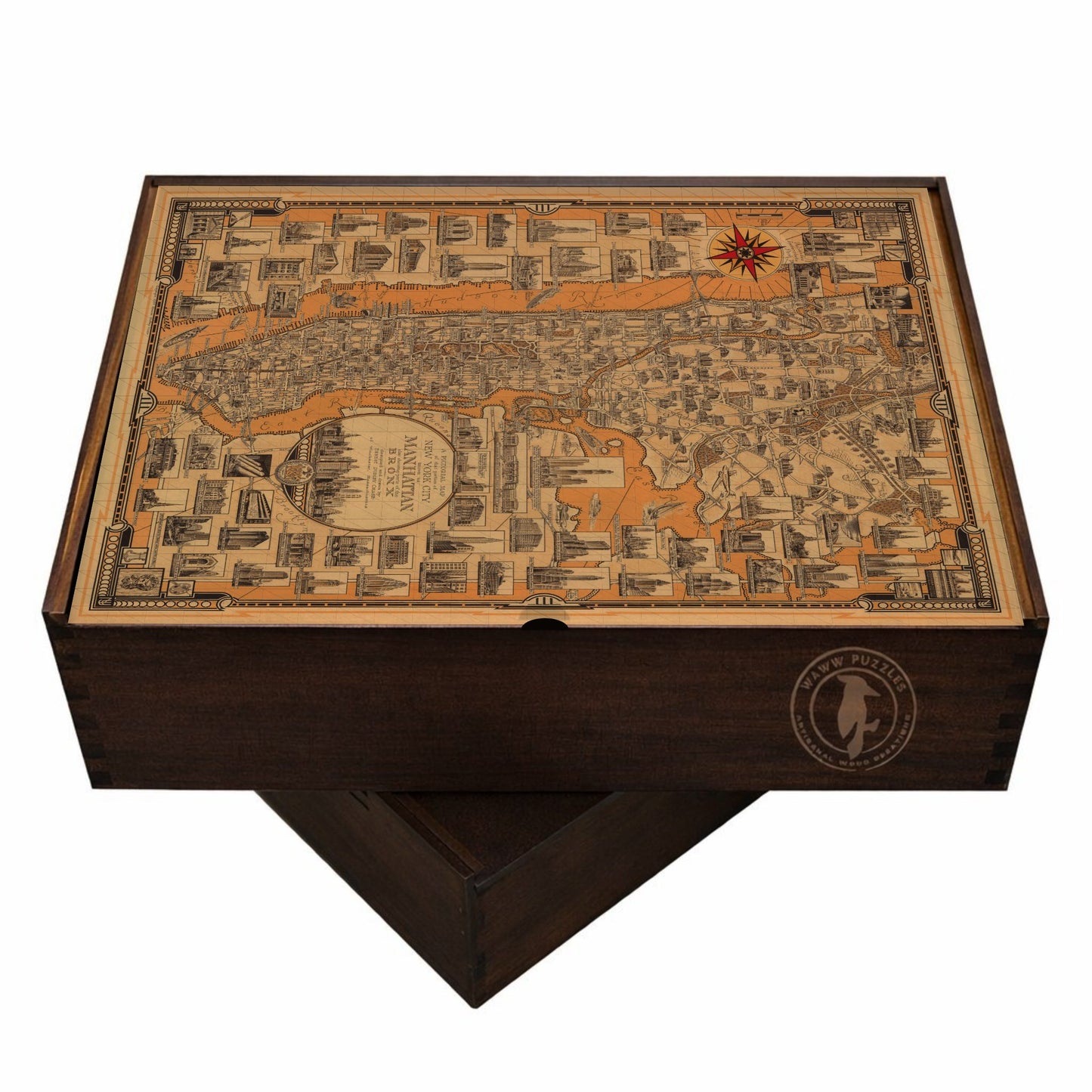 Elegant wooden puzzle box with Ernest Dudley Chase's Manhattan map cover art