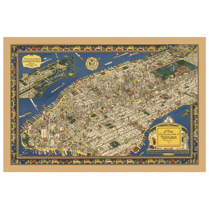 Vintage pictorial map of Manhattan (1926) by Charles Vernon Farrow, featuring Art Deco illustrations of landmarks and city life. Retro-style art print