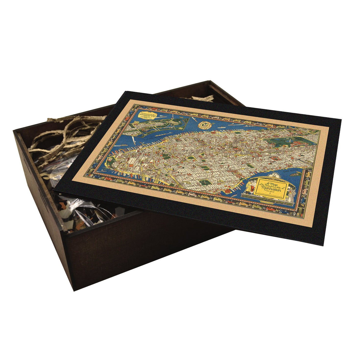 Vintage pictorial map of Manhattan (1926) by Charles Vernon Farrow, featuring Art Deco illustrations of landmarks and city life. Retro-style art wooden puzzle
