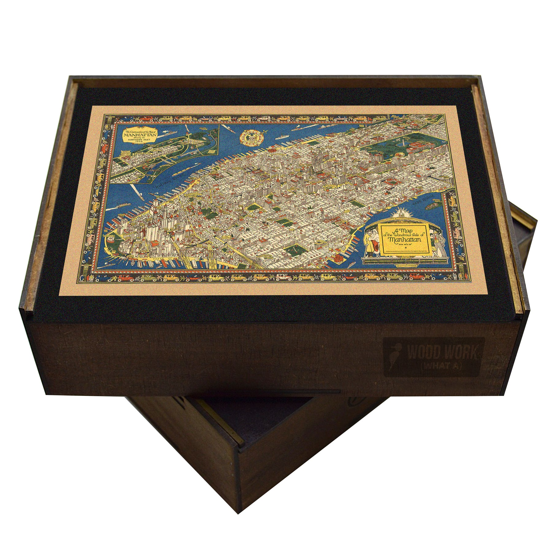 Vintage pictorial map of Manhattan (1926) by Charles Vernon Farrow, featuring Art Deco illustrations of landmarks and city life. Retro-style art wooden puzzle in a wooden box