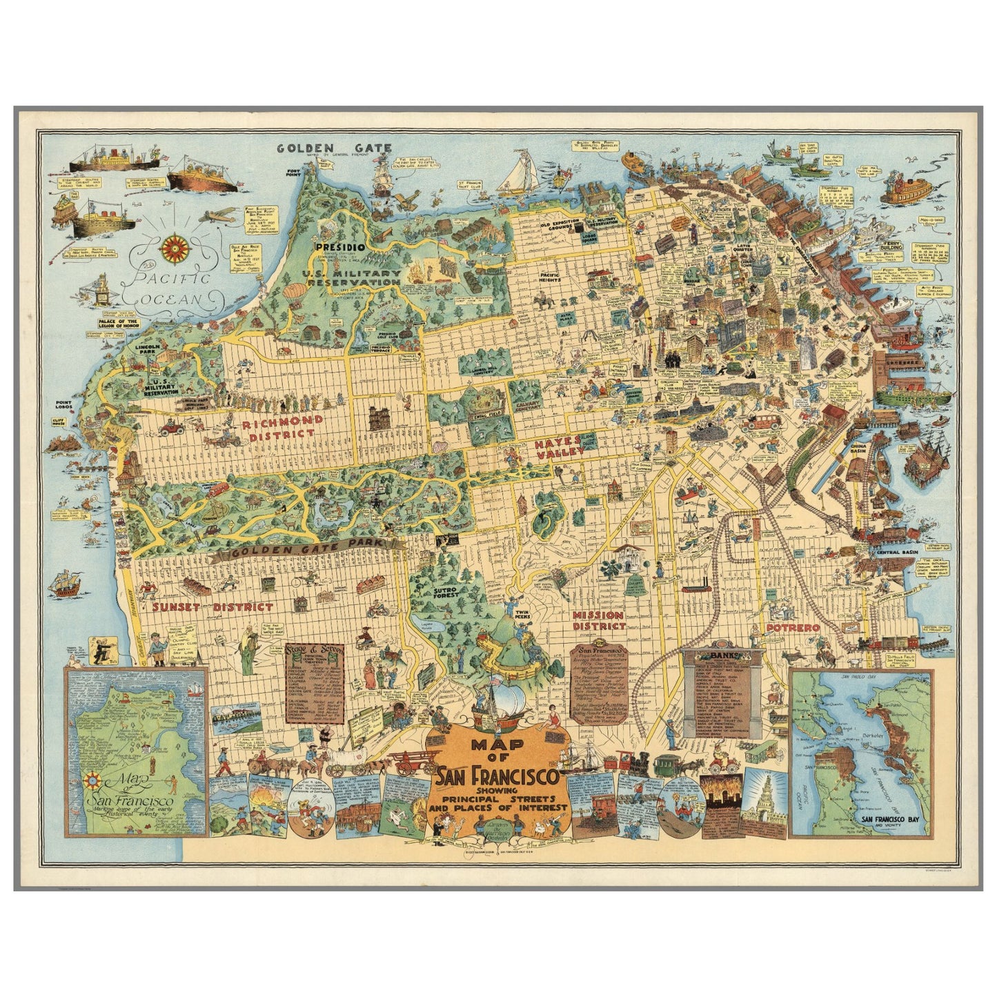 Collectible wooden puzzle of a vintage pictorial map of  San Francisco featuring the Golden Gate Bridge, Alcatraz, cable cars, and historical imagery. Retro style art print for travel and home decor.