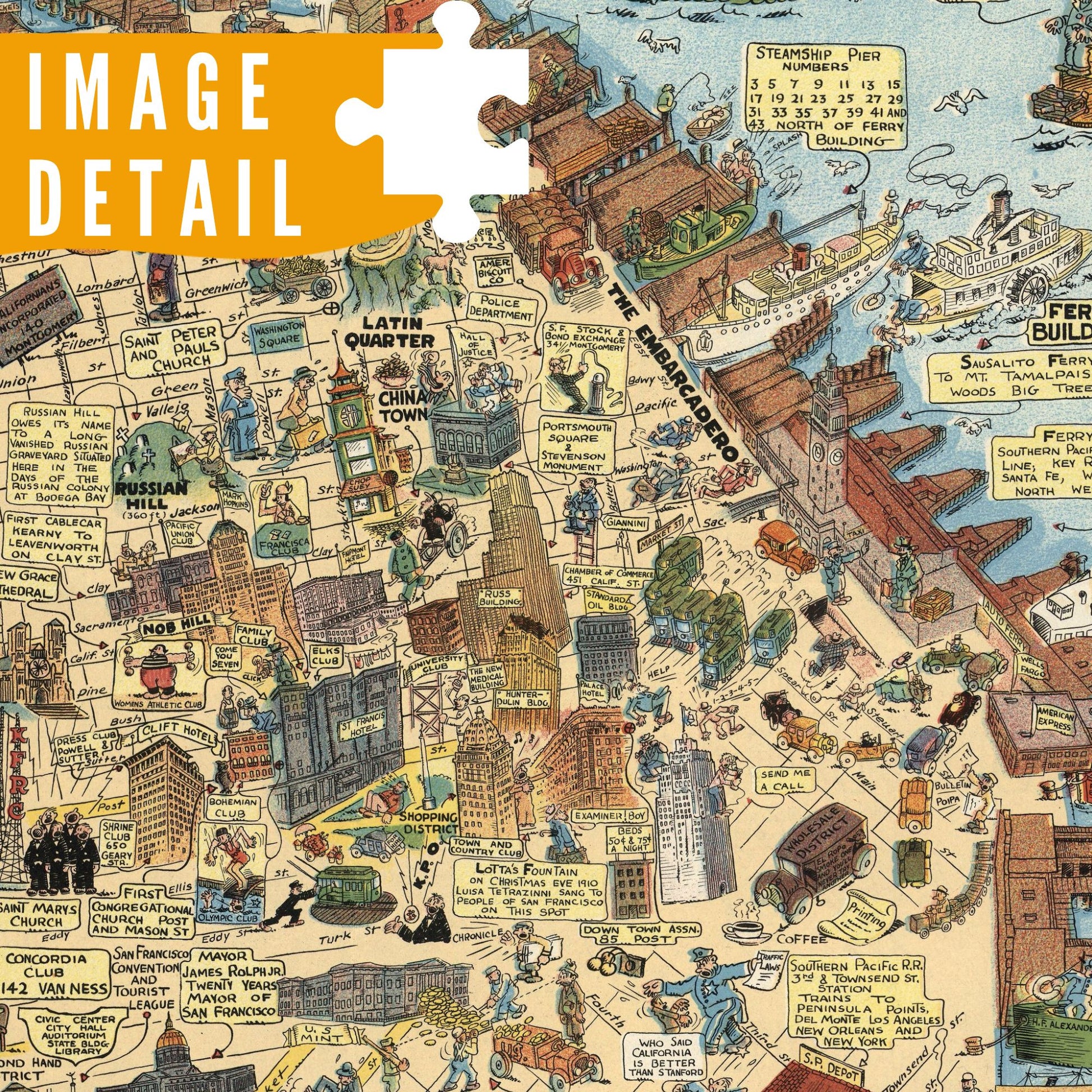 close up of a wooden puzzle of a vintage pictorial map of  San Francisco featuring the Golden Gate Bridge, Alcatraz, cable cars, and historical imagery. Retro style art print for travel and home decor.