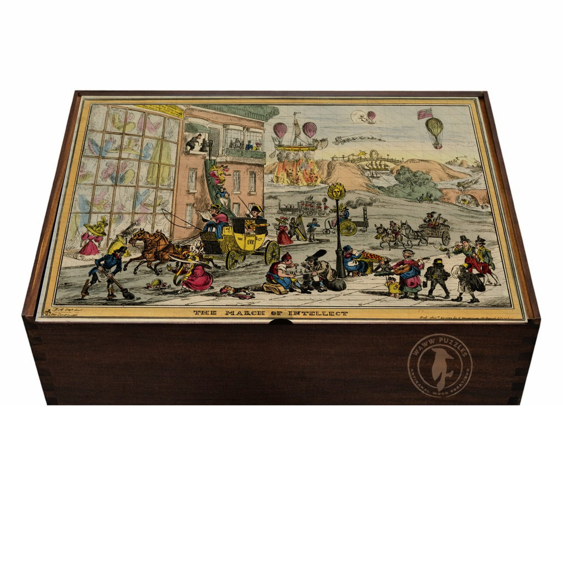 Artisanal wooden jigsaw puzzle box featuring Heath's The March of Intellect illustration.