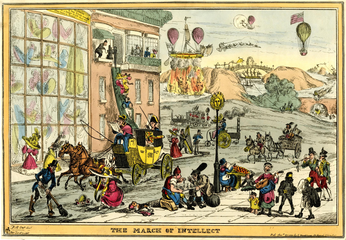 William Heath's The March of Intellect, a bustling 19th-century London street full of steam inventions.