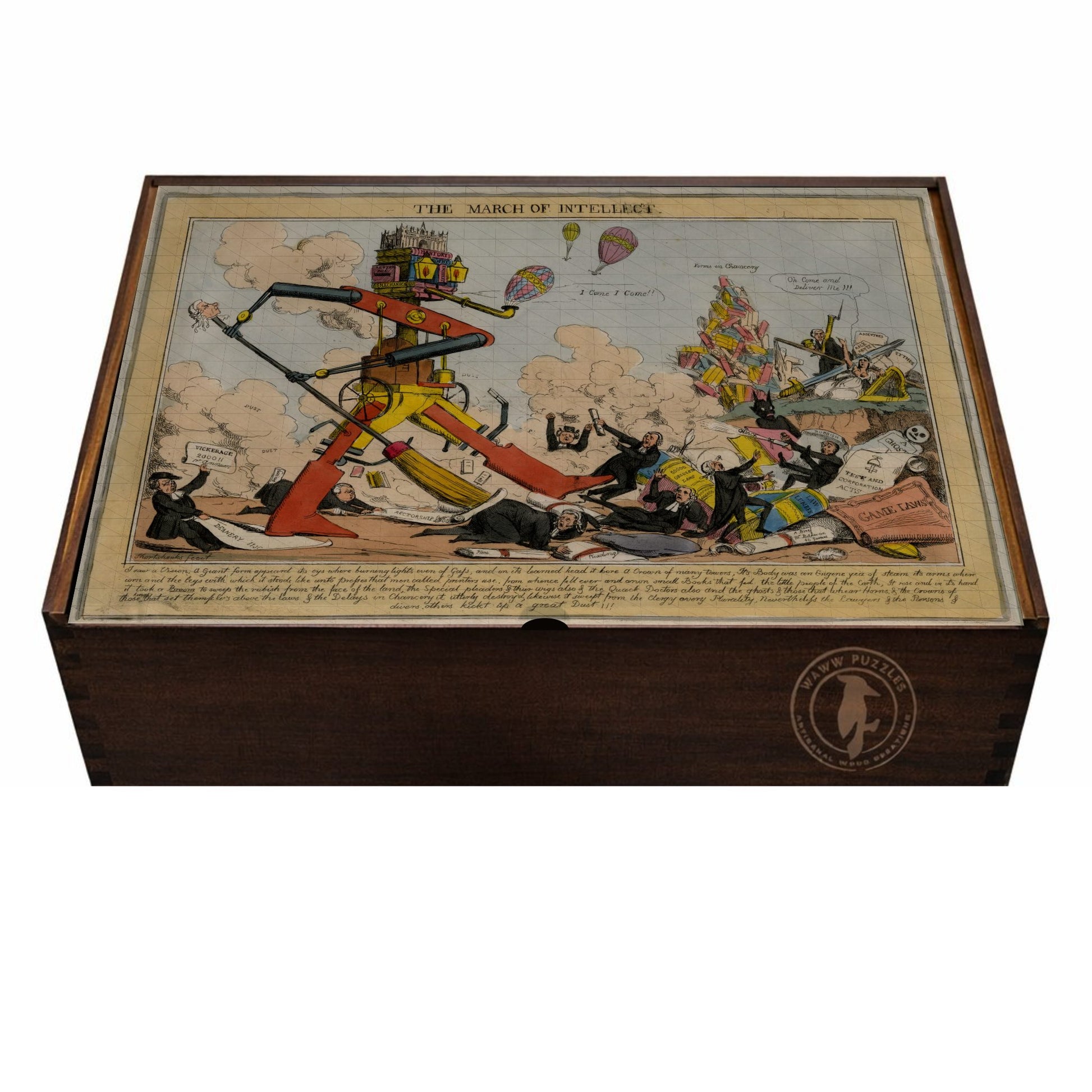 Artisanal puzzle box featuring Robert Seymour's "The March of Intellect" design