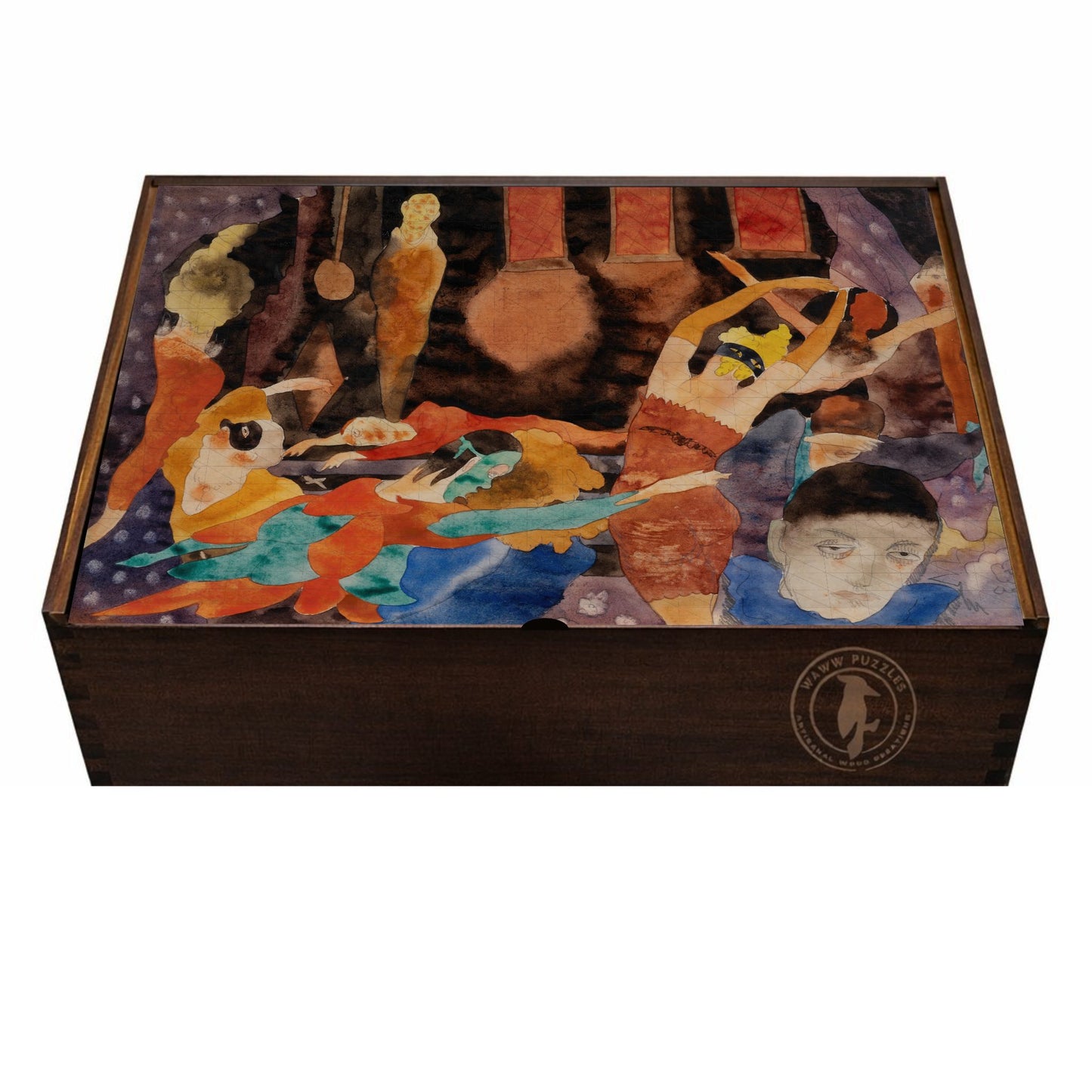 Artisanal wooden puzzle box with Demuth's The Masque of the Red Death artwork