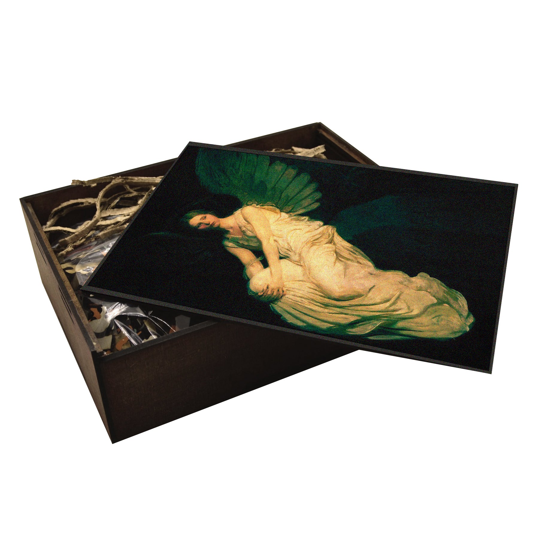 Handcrafted wooden puzzle featuring Abbott Handerson Thayer's "Stevenson Memorial" -  Symbolic painting of a winged figure (angel) in a mountain landscape, representing mourning and remembrance. Collectible art puzzle.