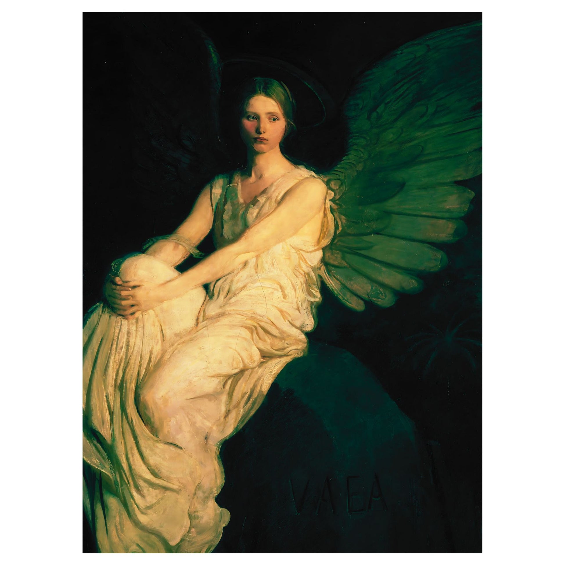 Handcrafted wooden puzzle featuring Abbott Handerson Thayer's "Stevenson Memorial" -  Symbolic painting of a winged figure (angel) in a mountain landscape, representing mourning and remembrance. Collectible art puzzle.