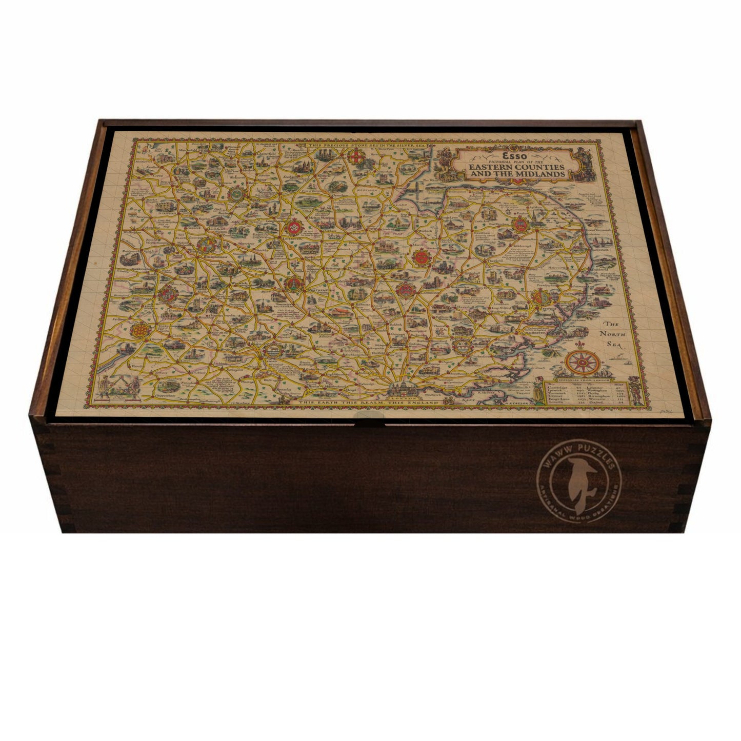 Premium wooden puzzle box featuring Esso Pictorial Plan by Alfred Edward Taylor.