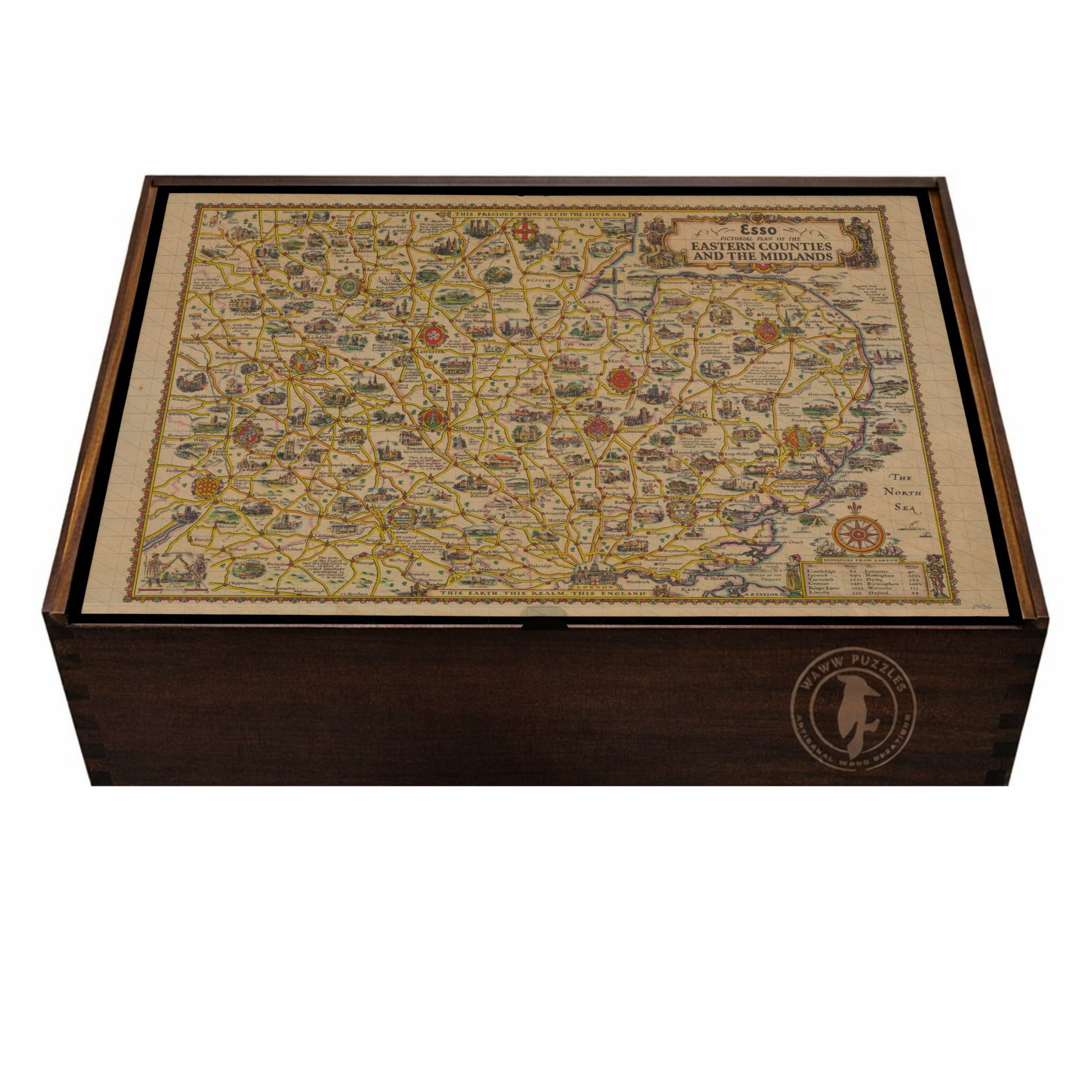 Premium wooden puzzle box featuring Esso Pictorial Plan by Alfred Edward Taylor.