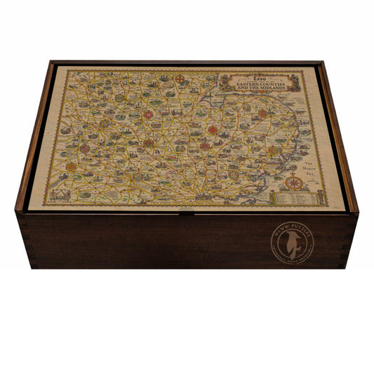 Premium wooden puzzle box featuring Esso Pictorial Plan by Alfred Edward Taylor.