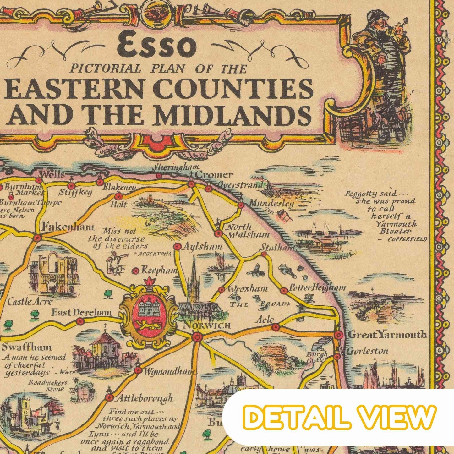 Vintage map of the Eastern Counties and the Midlands with decorative border and text.