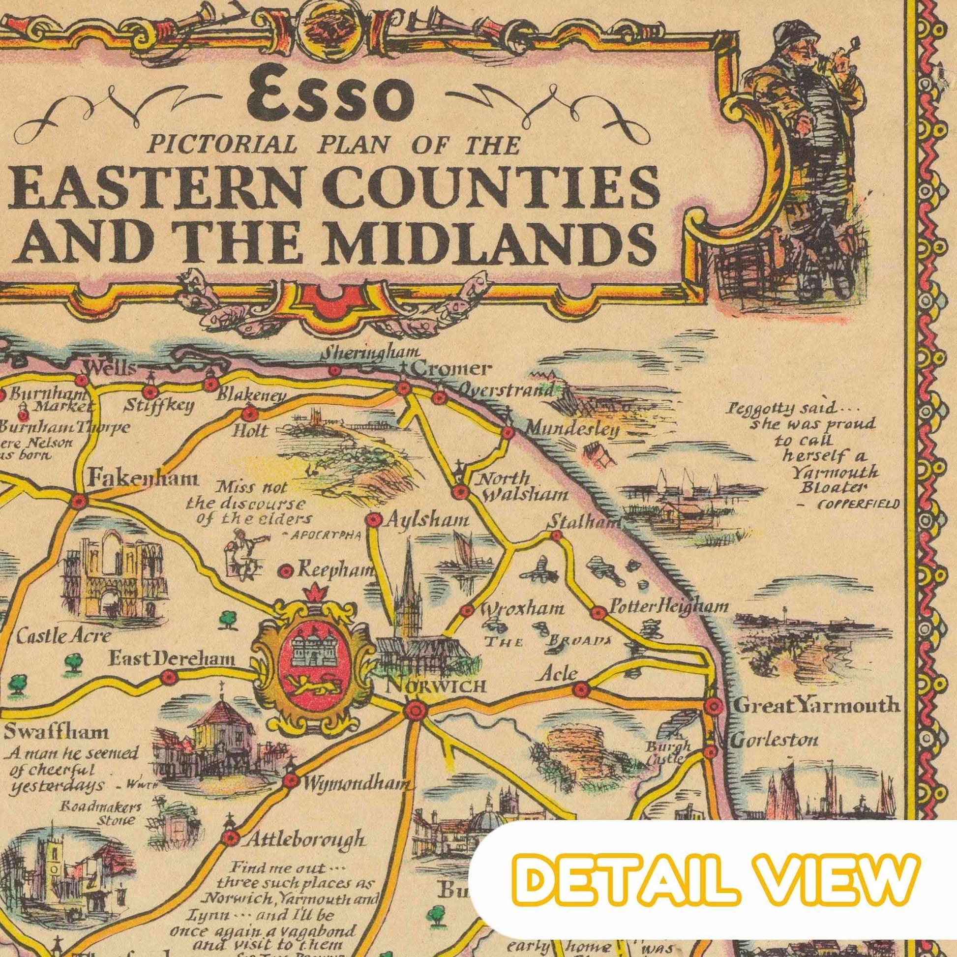 Vintage map of the Eastern Counties and the Midlands with decorative border and text.