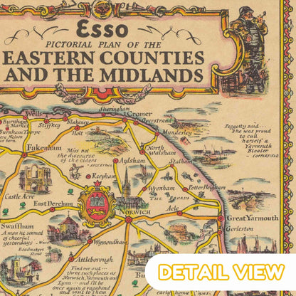 Vintage map of the Eastern Counties and the Midlands with decorative border and text.