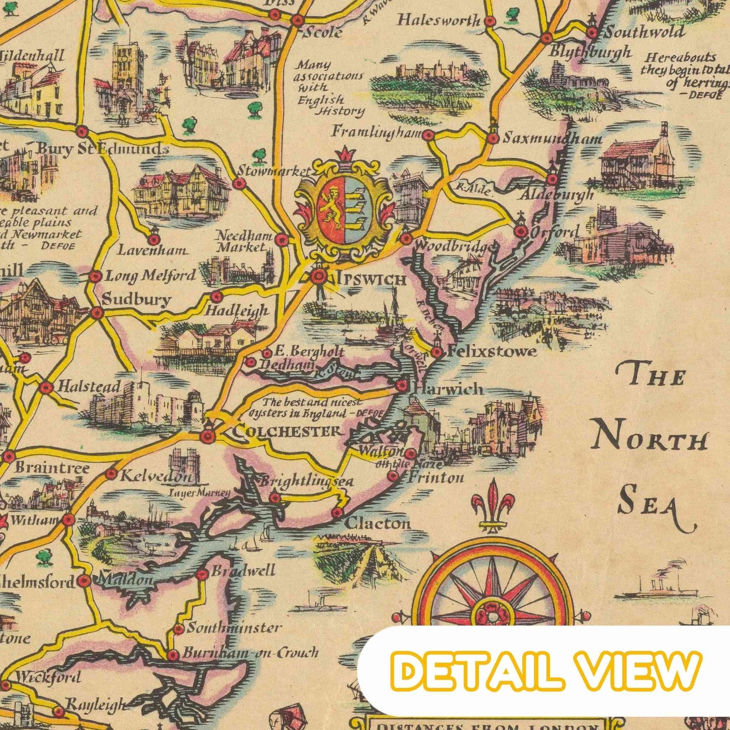 Detail of historic landmarks in lively colors on Taylor's 1930s United Kingdom's map.