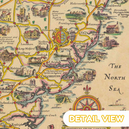 Detail of historic landmarks in lively colors on Taylor's 1930s United Kingdom's map.