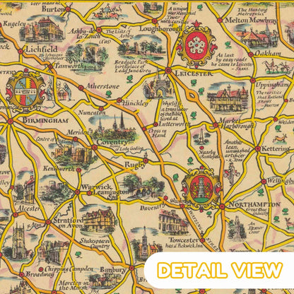 Vintage map of England with detailed illustrations of cities and landmarks, featuring a 'Detail View' label.
