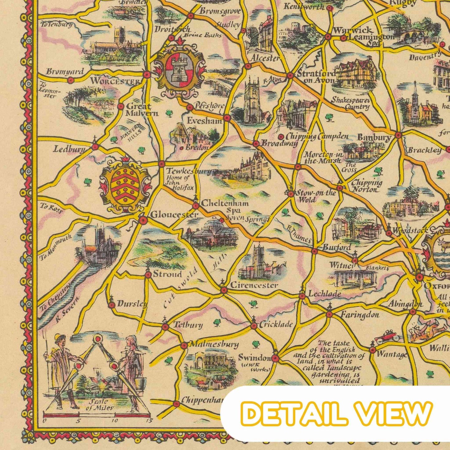 Vintage map of Gloucestershire with illustrations and text
