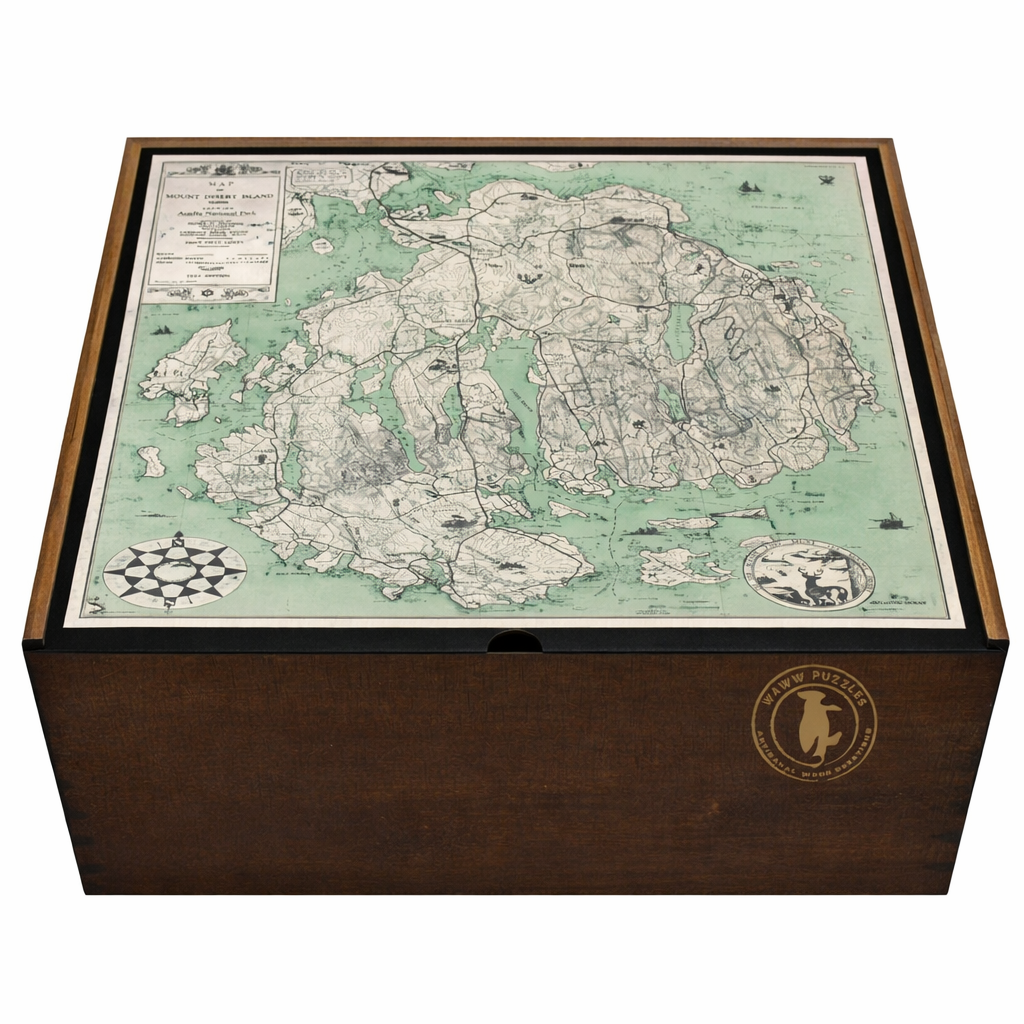 Premium wooden jigsaw puzzle box featuring the vintage map of Mount Desert Island by Howe D. Higgins.