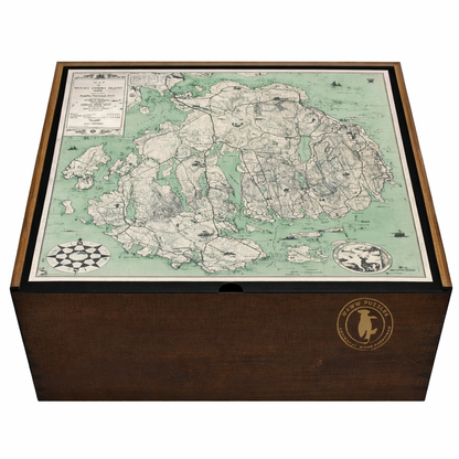 Premium wooden jigsaw puzzle box featuring the vintage map of Mount Desert Island by Howe D. Higgins.