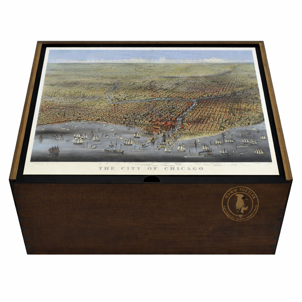 Elegant wooden puzzle box featuring Chicago's vibrant 19th-century skyline