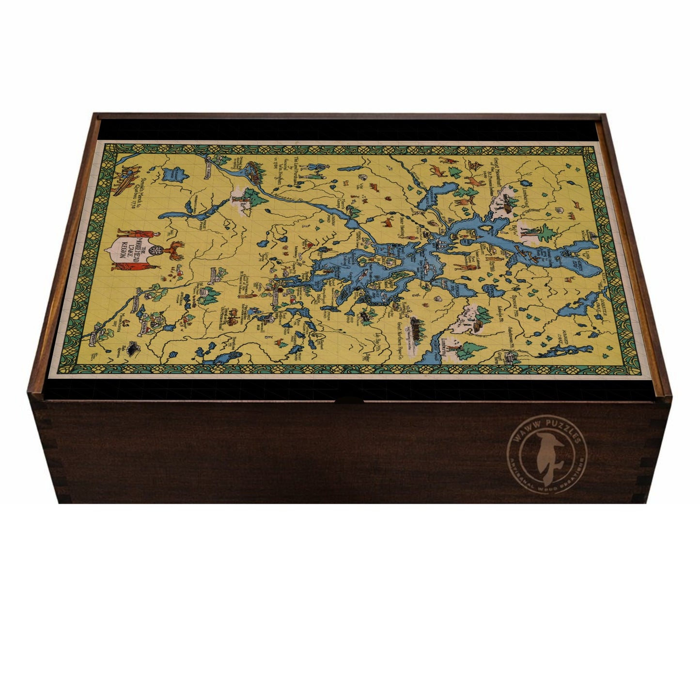 artisanal wooden puzzle box featuring Huckins' Moosehead Lake Region map