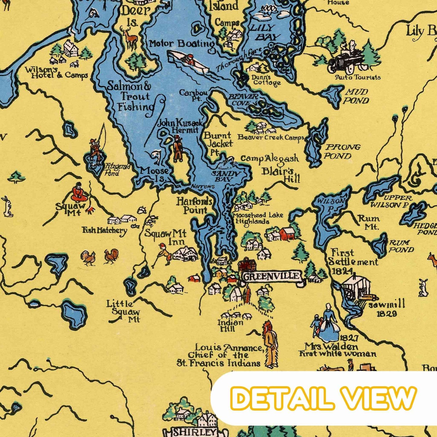 Close-up of illustrated wildlife and leisure activities like fishing and canoeing in Huckins' unique style