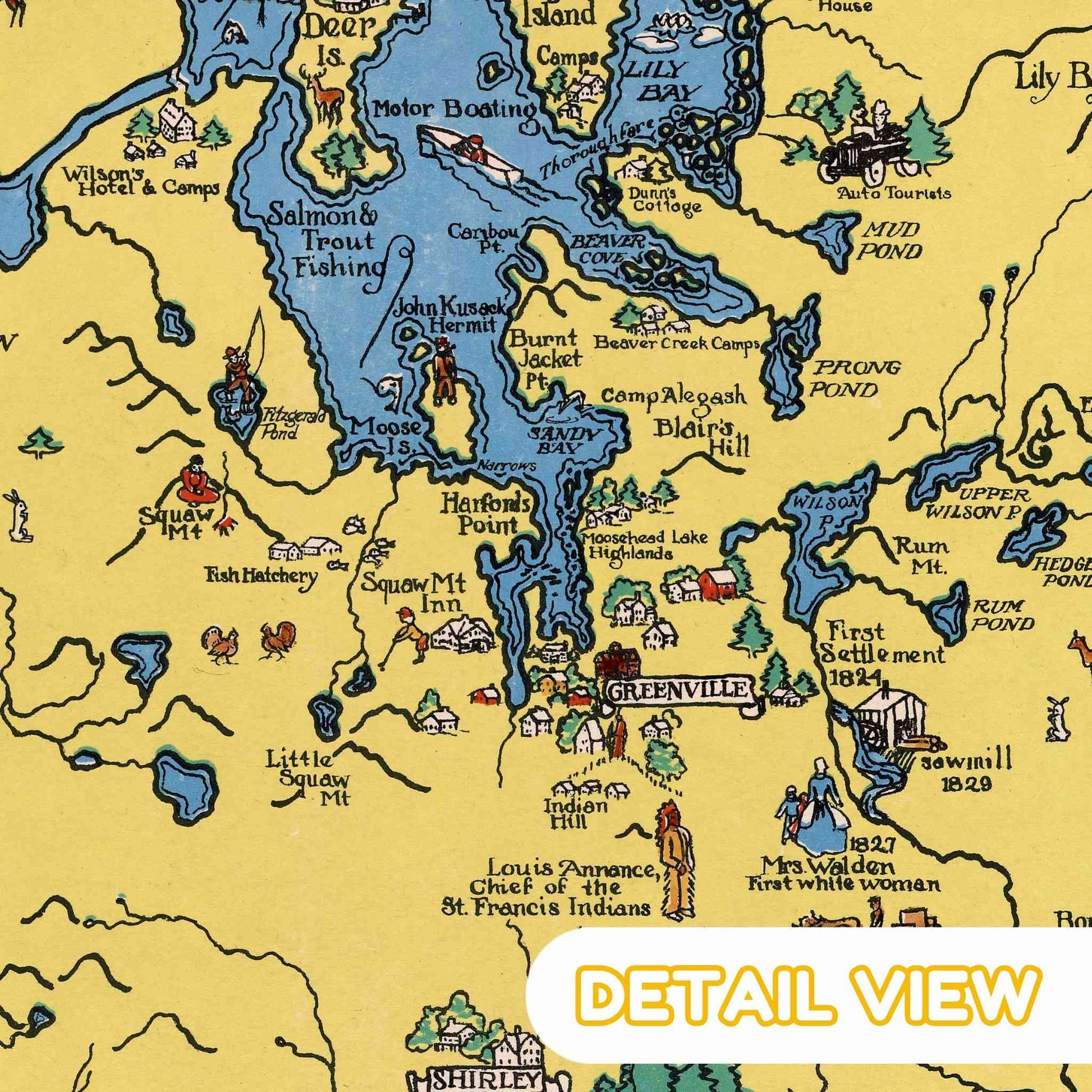 Close-up of illustrated wildlife and leisure activities like fishing and canoeing in Huckins' unique style