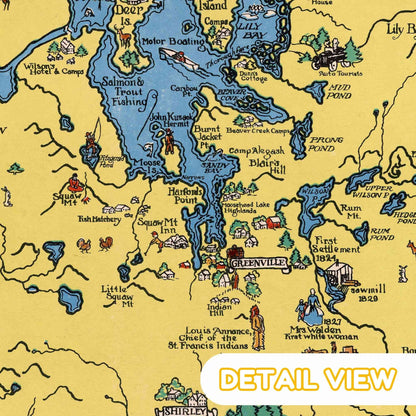 Close-up of illustrated wildlife and leisure activities like fishing and canoeing in Huckins' unique style