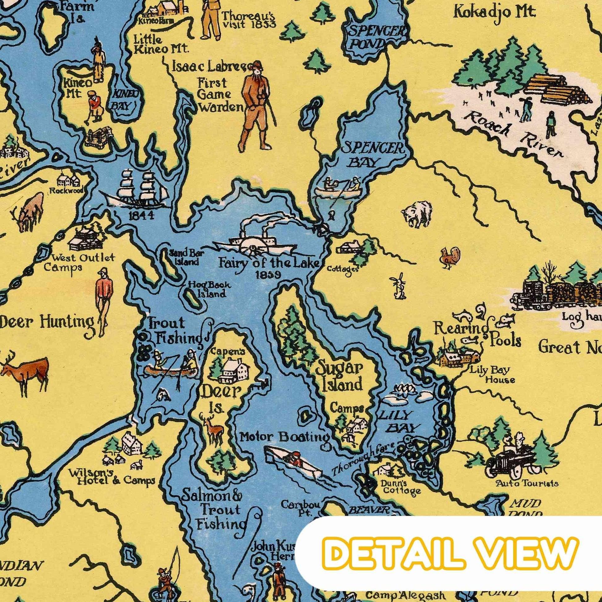 Detailed view of infrastructure such as trails and hotels on the vintage map of Moosehead Lake