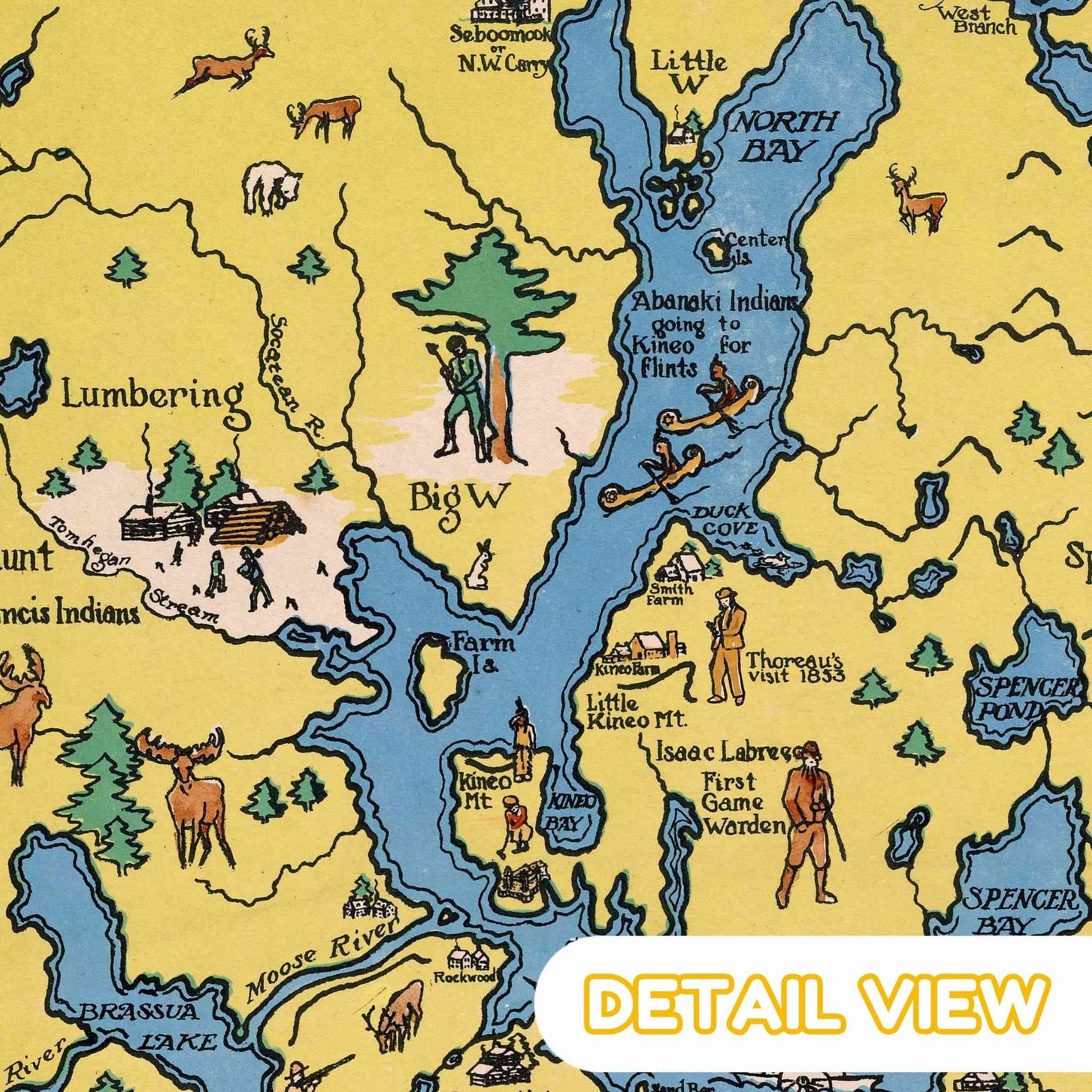 Detail of moosehead lake region from maine usa colorful pictorial map with lakes forests and mountains