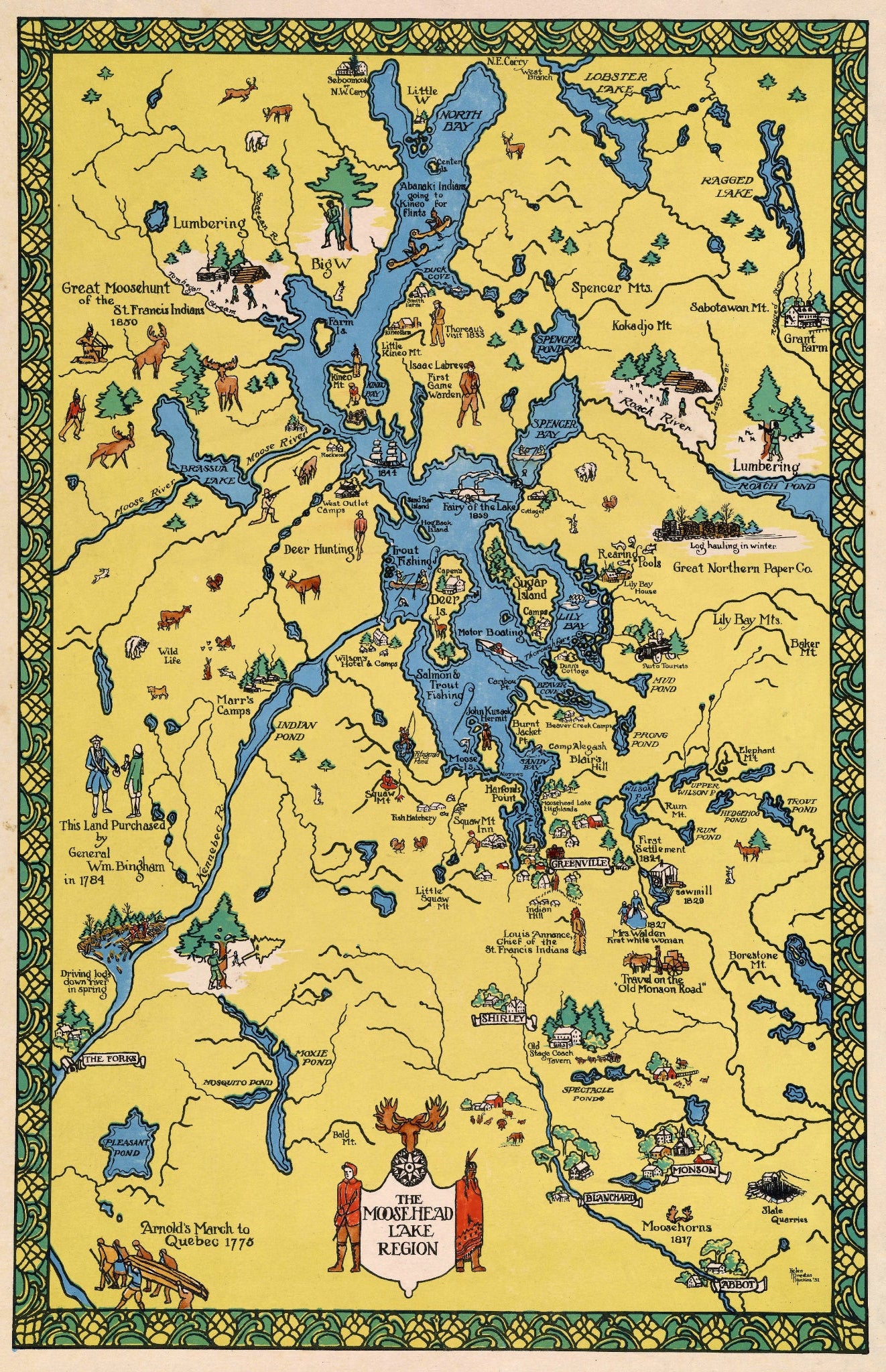 Helen Prentiss Huckins' 1937 Moosehead Lake map depicting Maine's scenic landscape and rich outdoor activities