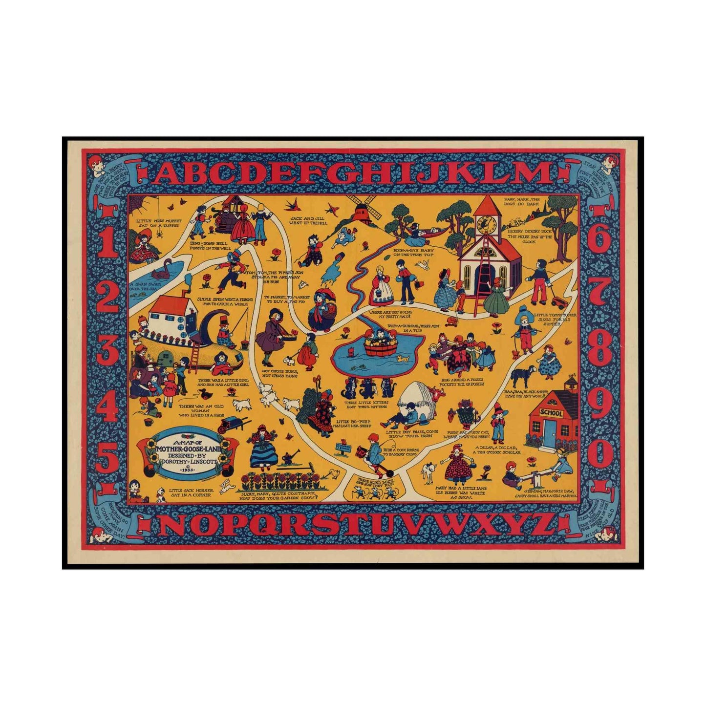 Dorothy Linscott's Map of Mother Goose Land showing whimsical nursery rhyme scenes and characters.