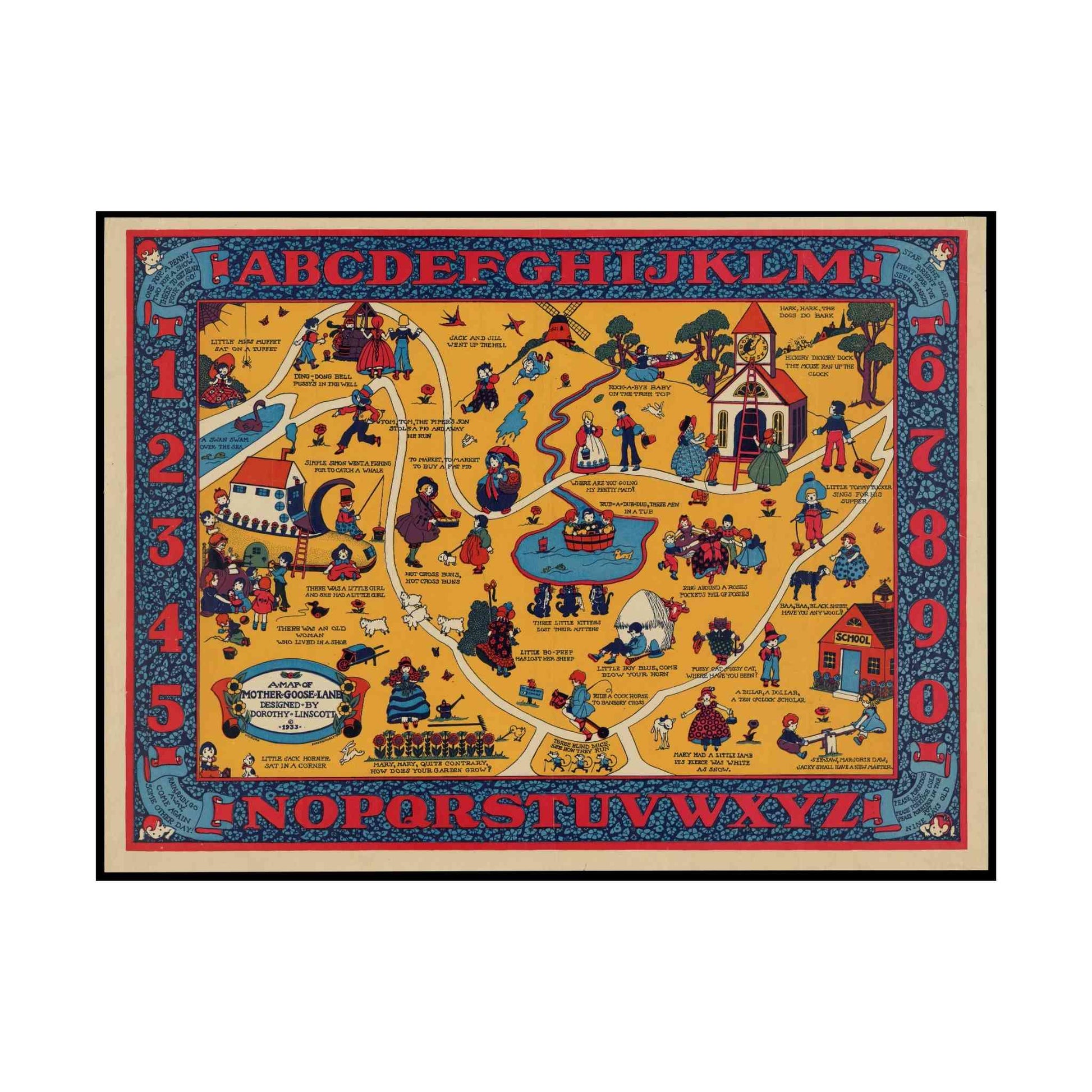 Dorothy Linscott's Map of Mother Goose Land showing whimsical nursery rhyme scenes and characters.