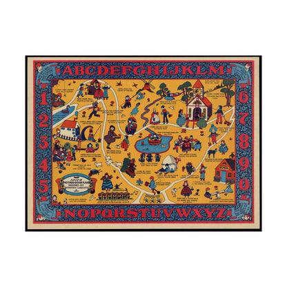 Dorothy Linscott's Map of Mother Goose Land showing whimsical nursery rhyme scenes and characters.