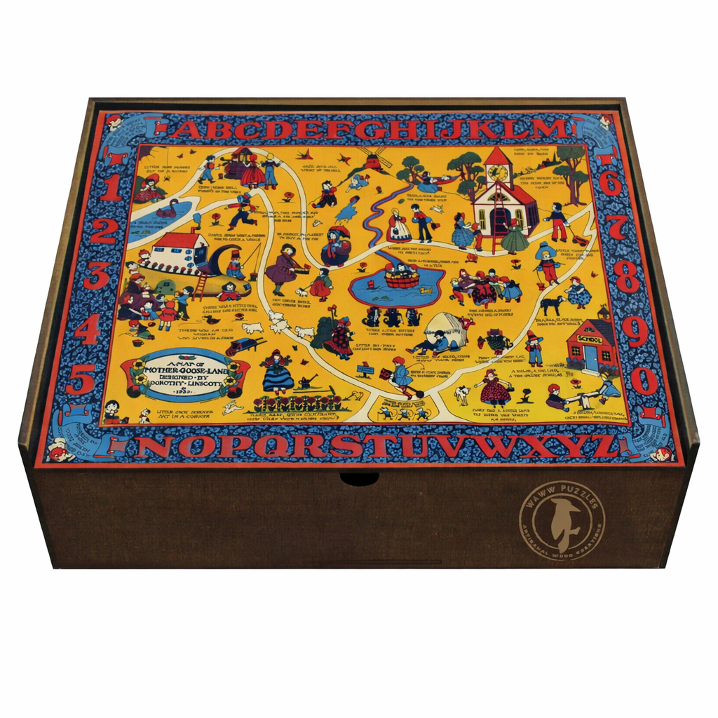 Elegant wooden puzzle box featuring Dorothy Linscott's Map of Mother Goose Land artwork vividly displayed.