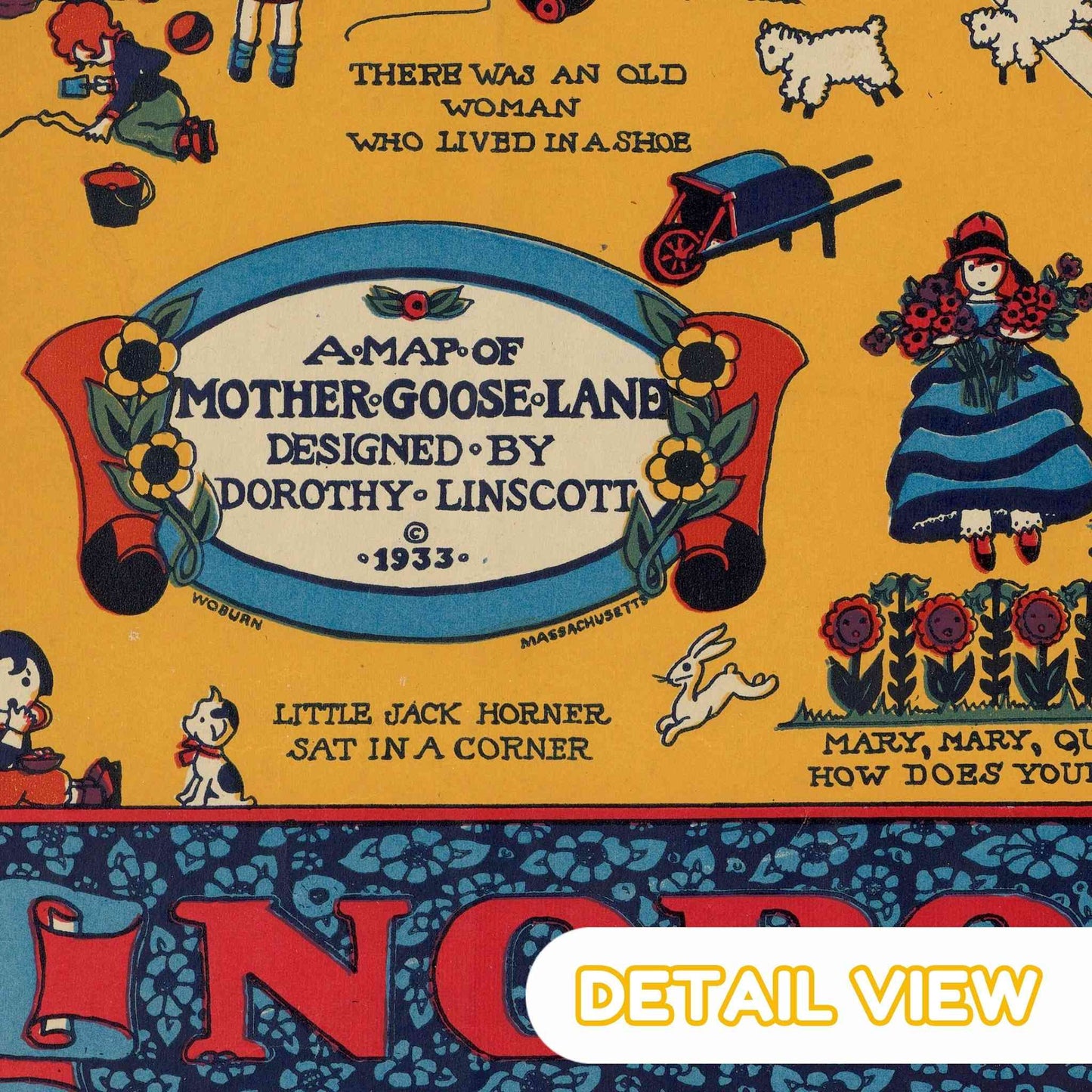 Close-up of Little Jack Horner vignette within Dorothy Linscott's Mother Goose map, showcasing vintage details.