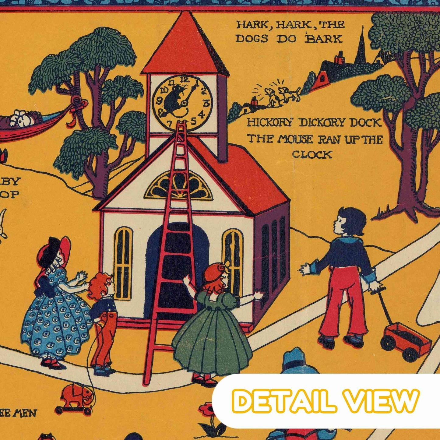 Detail of mother goose land with nursery rhyme characters and whimsical buildings from vintage color pictorial map