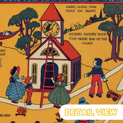 Detail of mother goose land with nursery rhyme characters and whimsical buildings from vintage color pictorial map