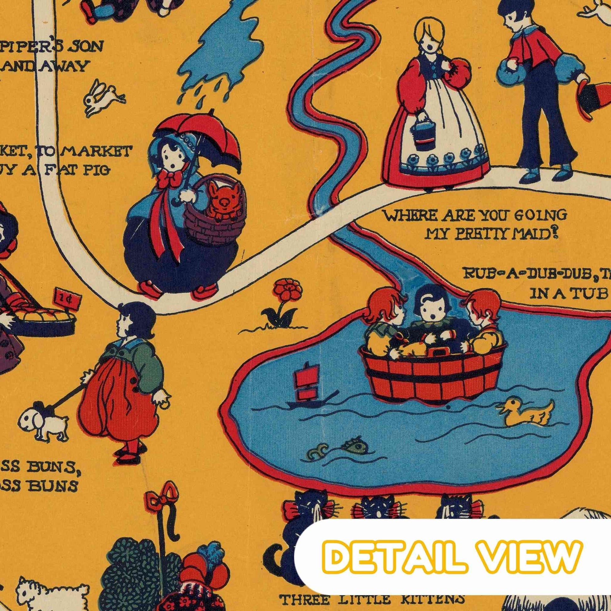 Detail of mother goose land from vintage style colorful pictorial map with nursery rhyme characters and whimsical scenes