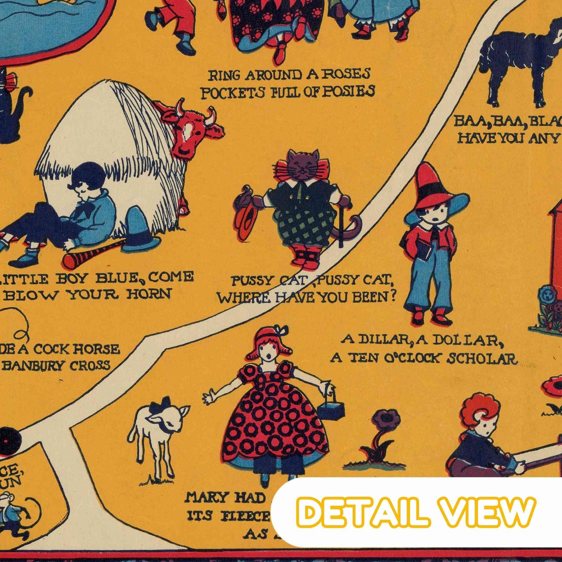 Illustrated children's nursery rhyme fabric with colorful characters and text on a yellow background.