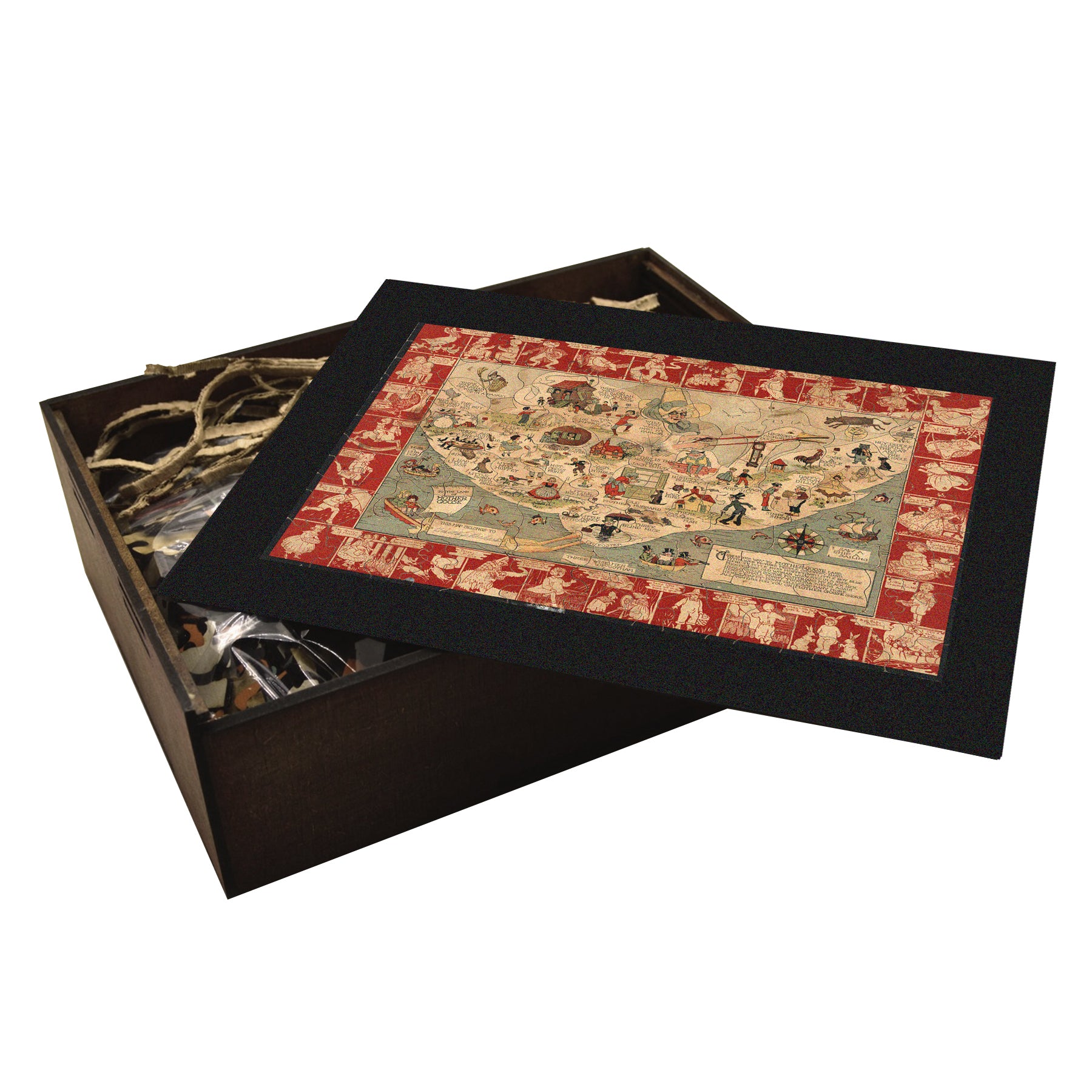 Mother Goose Land wooden puzzle. Nursery rhyme map, whimsical art made into jigsaws. Packaged in a handcrafted wooden  box.
