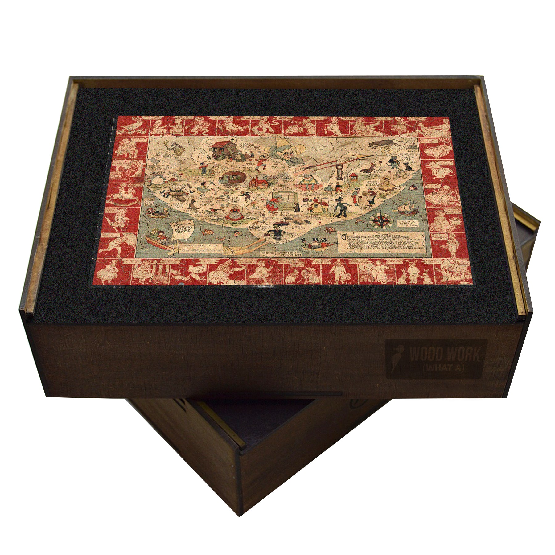 Mother Goose Land wooden puzzle. Nursery rhyme map, whimsical art.
