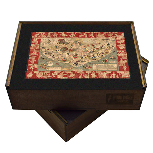 Mother Goose Land wooden puzzle. Nursery rhyme map, whimsical art.