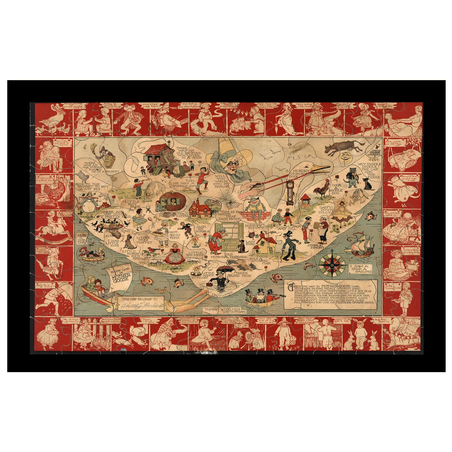 Mother Goose Land wooden puzzle. Nursery rhyme map, whimsical art scan