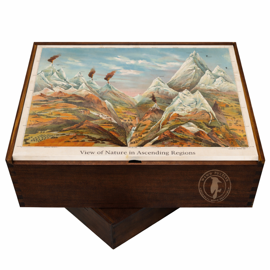 Elegant wooden puzzle box displaying Yaggy's View of Nature in Ascending Regions, featuring vibrant mountain scene.