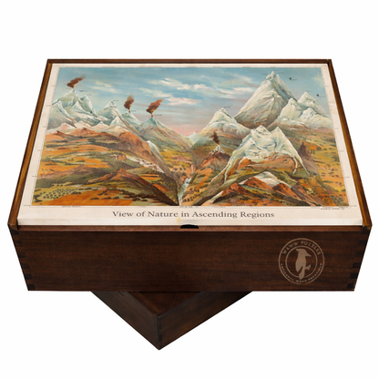 Elegant wooden puzzle box displaying Yaggy's View of Nature in Ascending Regions, featuring vibrant mountain scene.