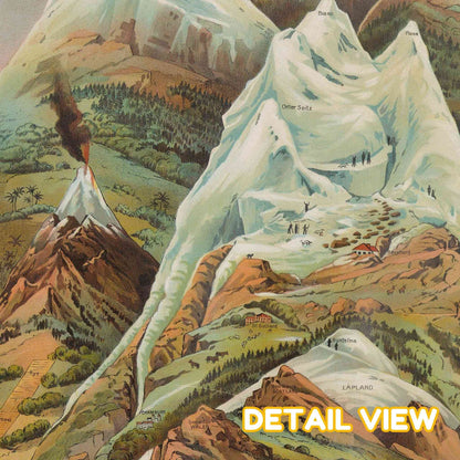 Close-up of tropical zone in Yaggy's artwork, featuring lush green vegetation and labeled agricultural products.