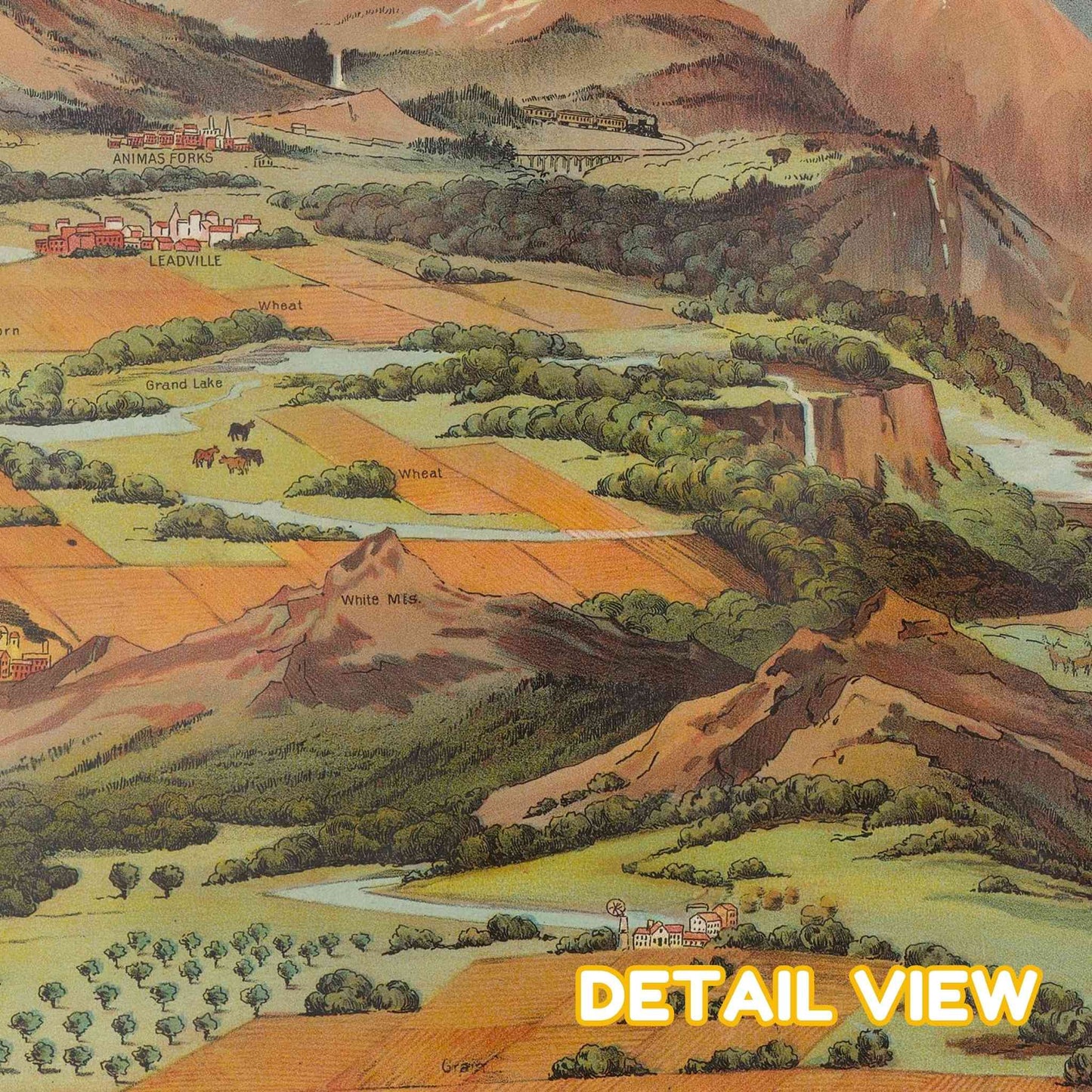 Detailed landscape illustration with fields, buildings, and mountains of places like White Mountains, Leadville and more